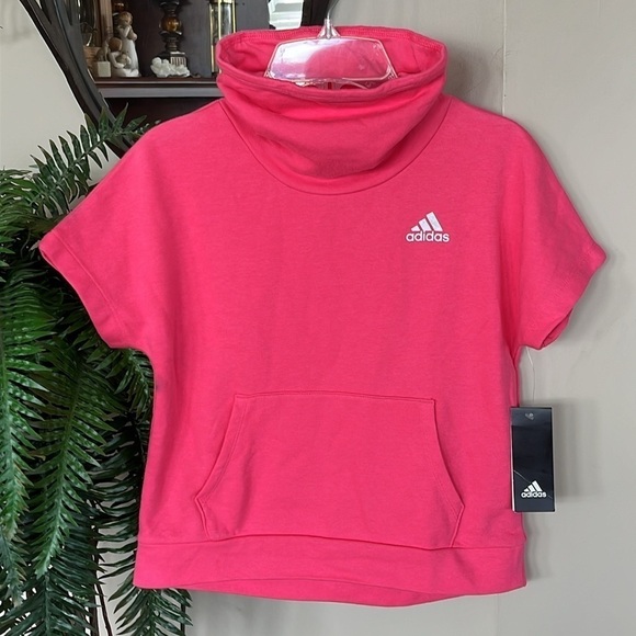 Brand New Adidas Girls Short Sleeve Sweatshirt 3 Stripes Pink Metallic Logo - Picture 1 of 12
